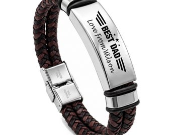 Personalised Mens Bracelets Dad Gifts from Daughter Son, Mens Leather Bracelet with Engraved Text, Gifts for Men, Dad