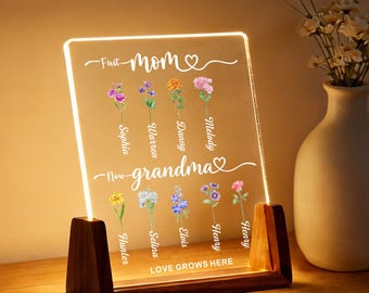 Personalised Birth Flower LED Night Light, Custom Grandma Gift, Family Garden Acrylic Plaque with Grandkid Names, Mother's Day Gift for Mum