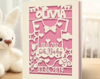 Personalised Papercut Welcome New Baby Card, Laser Cut Baby Girl Birthday Card, Custom Any Name Any Date Any Weight, Gift for Baby.