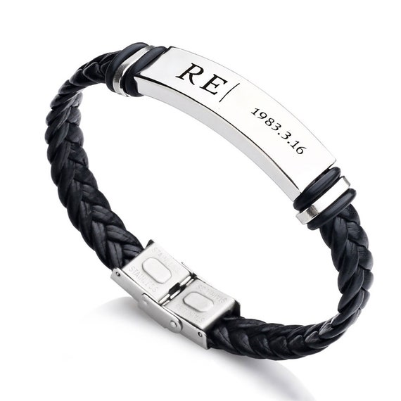 Customized Laser Engraved Men's Leather ID Bracelet in Rope Stainless –  Myjewel India