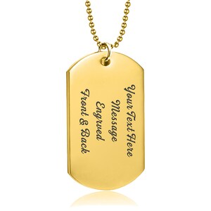 K&ouml;nnte beinhalten: Goldene Hundemarke Halskette mit einer Kette. Die Marke ist mit dem Text "Your Text Here" und "Message Engraved Front & Back" graviert.