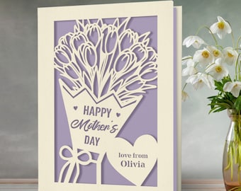 Personalised Happy Mothers Day Card | Laser Papercut with Flower Design Customized Any Name with Envelopes | Custom Lovely Gift