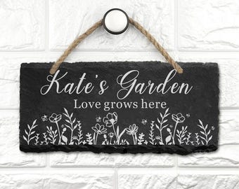 Personalised Garden Sign, Engraved Slate Garden Signs and Plaques for Outside, Custom House Signs Hanging Garden Ornaments Outdoor