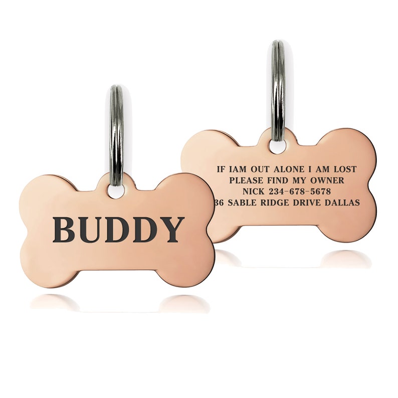 Premium Engraved Personalised Pet Dog Cat Puppy Name ID Tag Pet Tag Cat Tag Custom Puppy Name ID Bone Round Tag Collar Rose gold