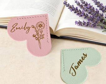Personalised Leather Heart Bookmark, Engraved Corner Bookmarks with Any Name, Book Marks Gifts for Reading