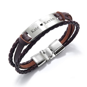 Personalised Mens Bracelet Custom Leather Bracelet Personalised Gifts for Men Him Husband Boyfriend Anniversary Birthday Engraved Bracelet