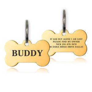 Premium Engraved Personalised Pet Dog Cat Puppy Name ID Tag Pet Tag Cat Tag Custom Puppy Name ID Bone Round Tag Collar Gold