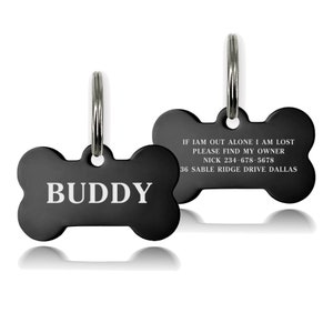 Premium Engraved Personalised Pet Dog Cat Puppy Name ID Tag Pet Tag Cat Tag Custom Puppy Name ID Bone Round Tag Collar Black