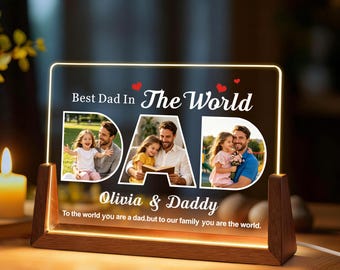 Personalised Fathers Day Dad Gifts from Daughter Son, 7 Colors Acrylic Sign Plaque Night Light Fathers Day Photo Frame Gifts