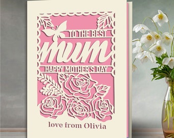 Personalised Happy Mothers Day Card | Laser Papercut with Flower and Butterfly Design Customized Any Name with Envelopes Gift for Mummy