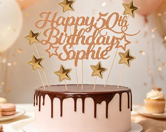 Personalised Happy Birthday Cake Topper Customised with Any Age Name Party Cake Decoration 16 18 21 40 60 Double Sided Glitter Card