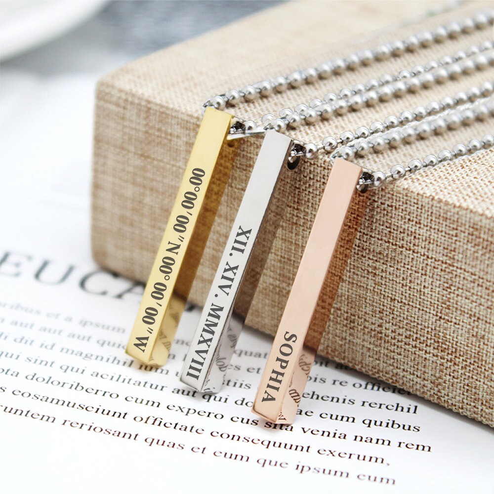 Personalised Vertical Bar Necklace Custom Engraved Bridesmaid Christm…