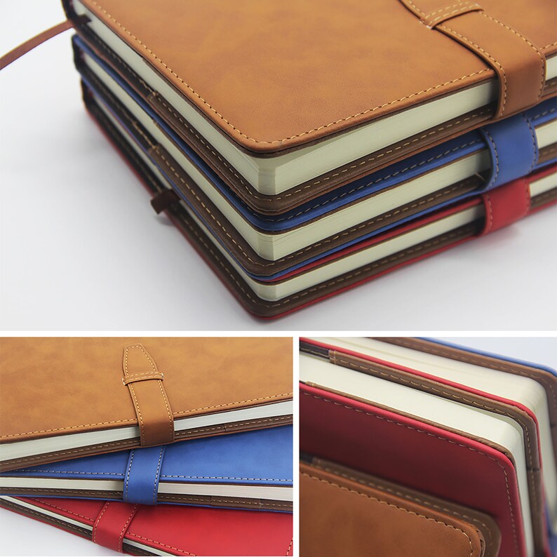 Puede incluir: Una pila de cuadernos encuadernados en cuero en tonos marr&oacute;n, azul y rojo. Cada cuaderno tiene un cierre de correa y p&aacute;ginas de color crema. Los bordes de las p&aacute;ginas son visibles y el cuero parece cosido.