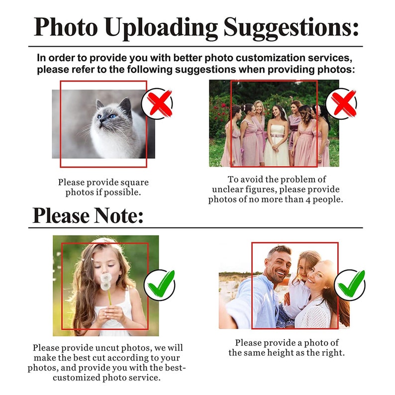 May include: A graphic with text titled "Photo Uploading Suggestions" and "Please Note:" with examples of acceptable and unacceptable photo formats for customization services. The text provides instructions for photo submissions.