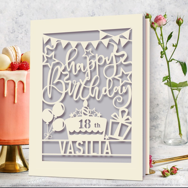 Personalised Birthday Card Laser Paper Cut Greeting Cards Happy Birthday Age Card Any Name Any Age 1st 16th 21st 30th 50th 70th 80th Grey