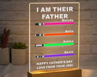 Personalised I Am Their Father Sign Fathers Day Dad Gifts Custom Colours Names Light Sabers Wooden Sign Engraved Family Member Kids Names