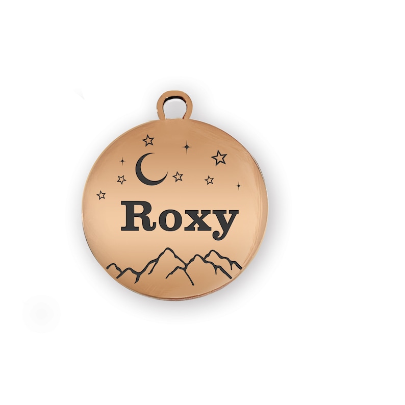 Puede incluir: Una chapa redonda para mascotas de color cobre con el nombre "Roxy" en letras negras. La chapa presenta un dise&ntilde;o de luna creciente, estrellas y monta&ntilde;as. Incluye un peque&ntilde;o lazo en la parte superior.