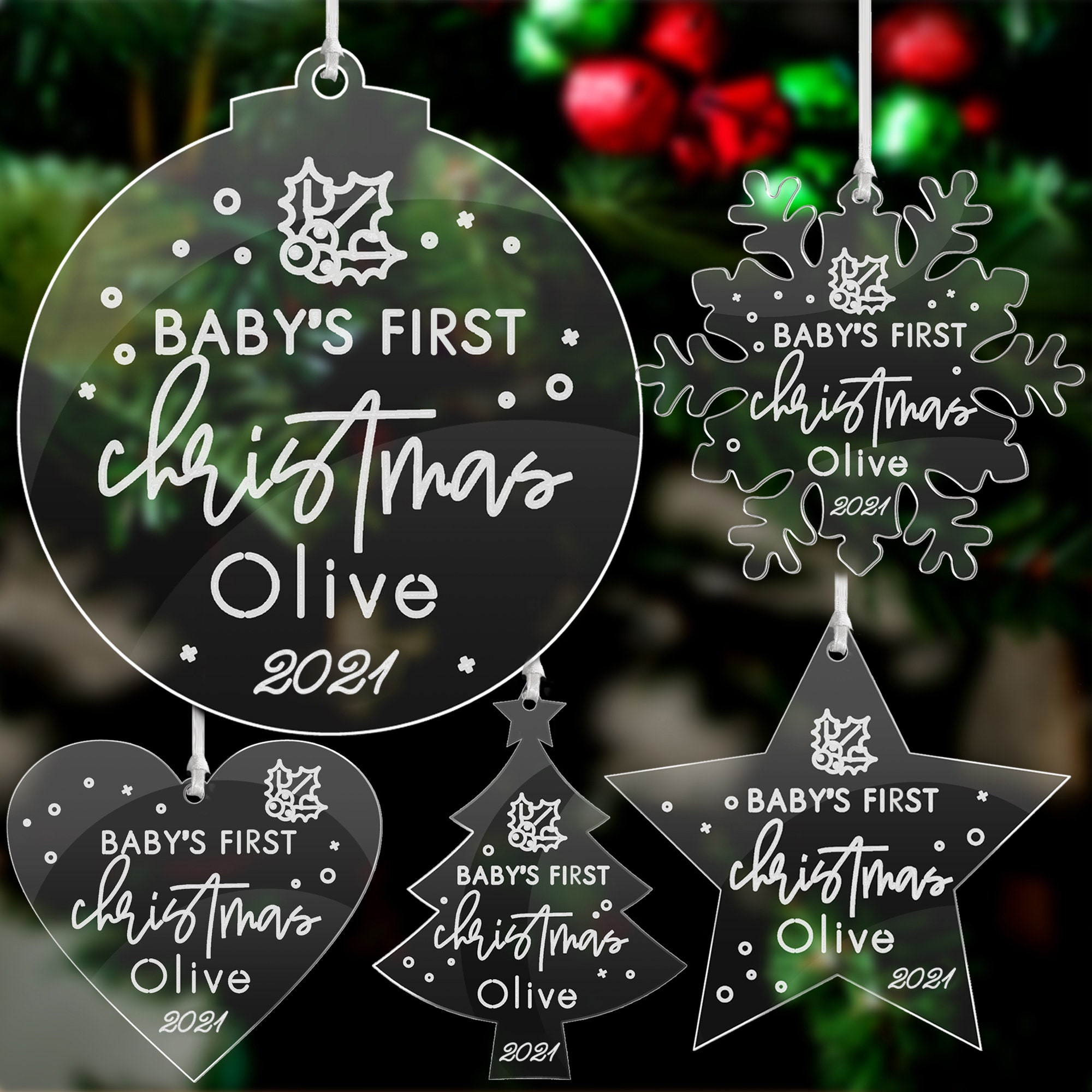 BABY'S FIRST CHRISTMAS PERSONALISED ACRYLIC CHRISTMAS BAUBLE/DECORATION 
