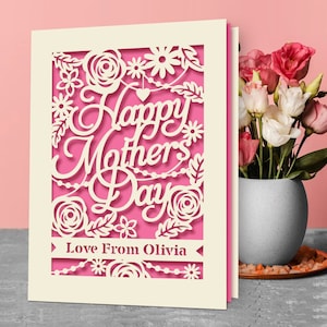 Personalised Happy Mothers Day Card | Laser Papercut with Flower Design Customized Any Name with Envelopes | Custom Lovely Gift