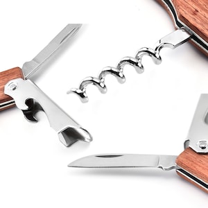 May include: A multi-tool with a wooden handle, a corkscrew, a bottle opener, and a knife blade.