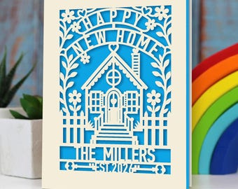 Personalized Papercut Happy New Home Card | Custom Housewarming Greeting Card with Family Name & Year