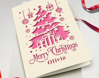Christmas Cards Personalised Merry Christmas Card Gifts Xmas Gifts Greeting Cards Custom Laser Paper Cut Card with Any Name for Friends