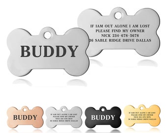 Premium Engraved Personalised Pet Dog Cat Puppy Name ID Tag Pet Tag Cat Tag Custom Puppy Name ID Bone Round Tag Collar