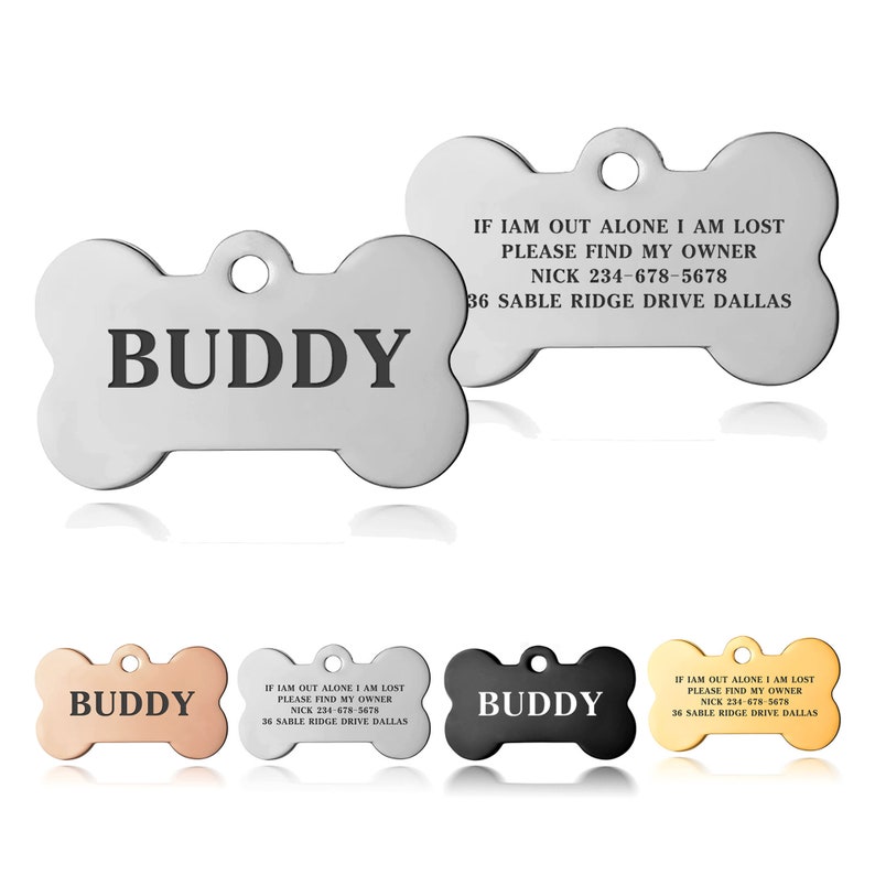 Premium Engraved Personalised Pet Dog Cat Puppy Name ID Tag Pet Tag Cat Tag Custom Puppy Name ID Bone Round Tag Collar 