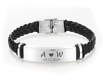 Personalised Mens Leather Bracelet Engraved ID Birthday Wedding Christmas Gift