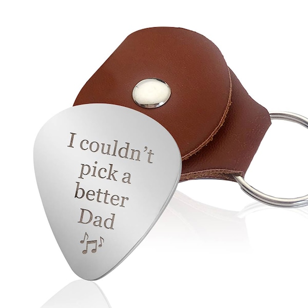 Personalised Guitar Picks with Any Text | Engraved Stainless Steel Guitar Plectrums with Leather Cover | Custom Gift Hand Finished in UK