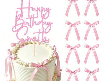 30 Pink Bows Personalised Happy Birthday Cake Topper, Non-shed Double-Sided Glitter Cake Decorations with Any Name