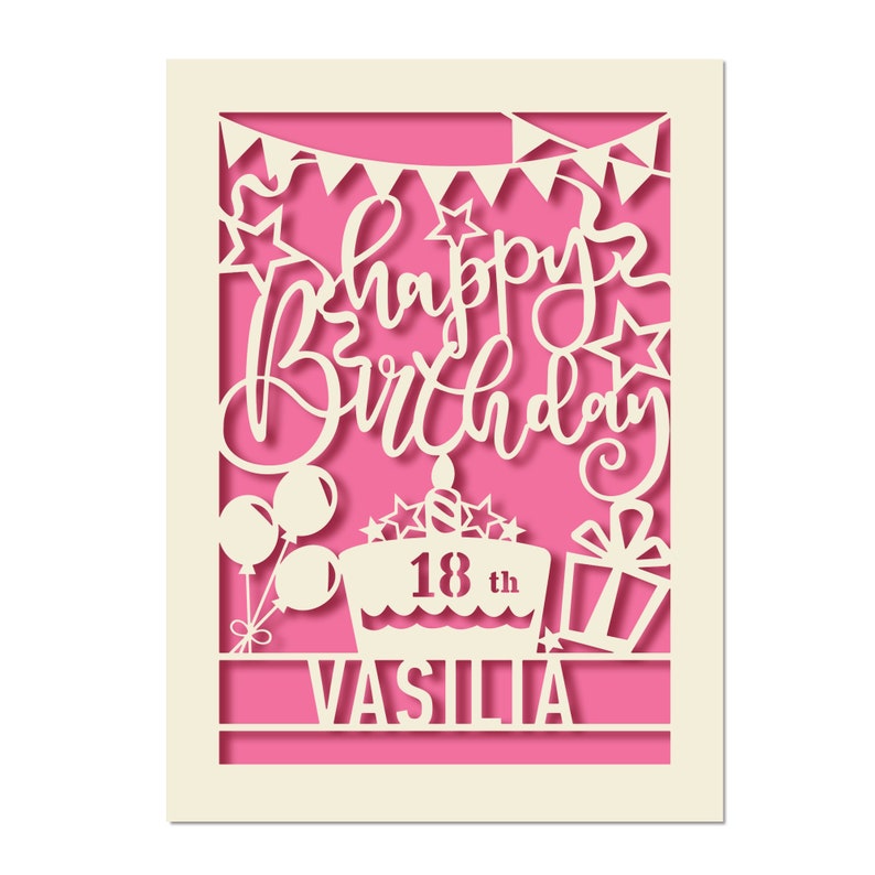 Personalised Birthday Card Laser Paper Cut Greeting Cards Happy Birthday Age Card Any Name Any Age 1st 16th 21st 30th 50th 70th 80th Fuchsia