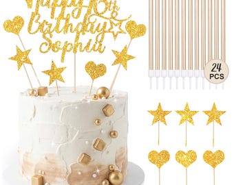Personalised Happy Birthday Cake Topper with 24 Candles, Double-Sided Glitter Cake Decorations with Any Age Name, Birthday Party Supplies