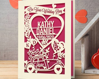 Personalised Papercut Wedding Card, Laser Cut Wedding Anniversary Card, Engagement Card, Paper Cut Cards for Newlyweds, 4 colors available.