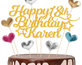Happy Birthday Cake Topper Personalised, Custom Cake Topper with Any Age Name, Double-Sided Glitter Cake Topper 13th 16th 18th 21st