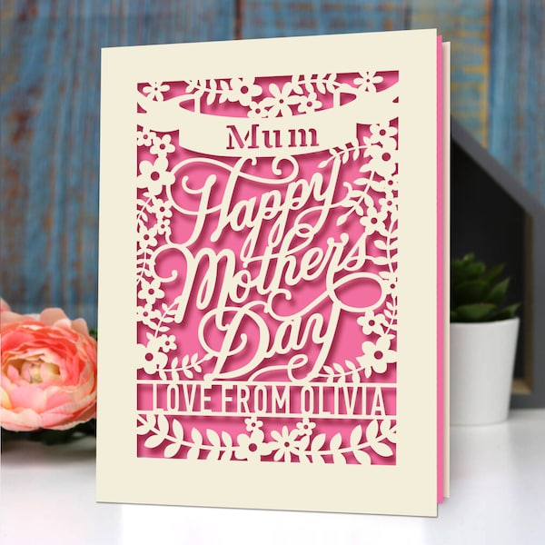 Personalised Happy Mothers Day Card Laser Papercut with Flower Design Customized Any Name with Envelopes Custom Lovely Gift