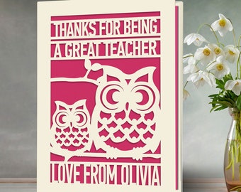 Personalised Thank You Card Laser Paper Cut Thank You Teacher Card Thank You Gift for Teacher Teaching Assistant Available in 6 Colours