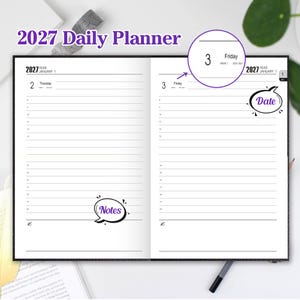 May include: A 2027 daily planner open to two pages showing January 2nd and 3rd. The pages feature horizontal lines for scheduling, a purple speech bubble graphic labeled Notes, and a purple speech bubble graphic labeled Date on the right page.