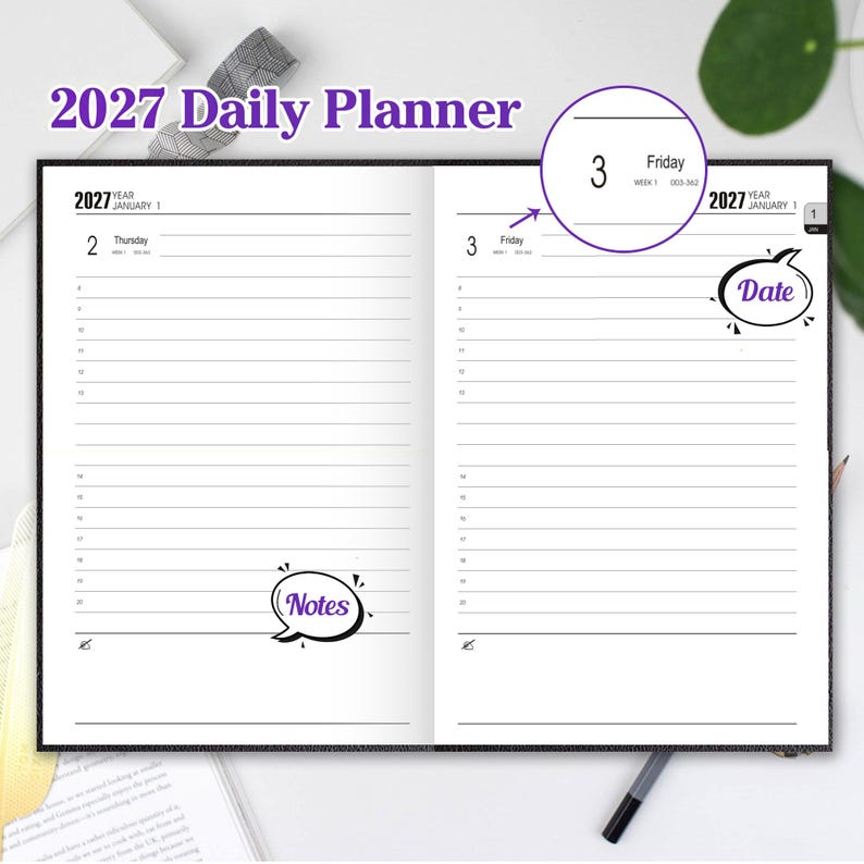 May include: A 2027 daily planner open to two pages showing January 2nd and 3rd. The pages feature horizontal lines for scheduling, a purple speech bubble graphic labeled Notes, and a purple speech bubble graphic labeled Date on the right page.