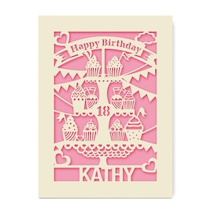 Personalised Birthday Card Laser Paper Cut Greeting Cards Happy Birthday Age Card Any Name Any Age 1st 16th 21st 30th 50th 70th 80th Candy Pink