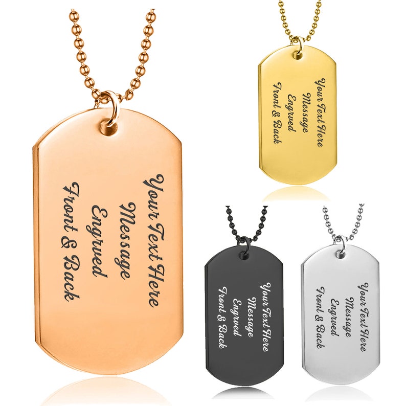 K&ouml;nnte beinhalten: Drei Hundemarke-Halsketten in Gold, Schwarz und Silber. Jede Marke tr&auml;gt den Text "Your Text Here Message Engraved Front & Back".