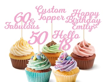 Personalised Cupcake Toppers, 24pcs Glitter Happy Birthday Cupcake Toppers, Custom Cake Decorations with Any Text for Birthday, Wedding