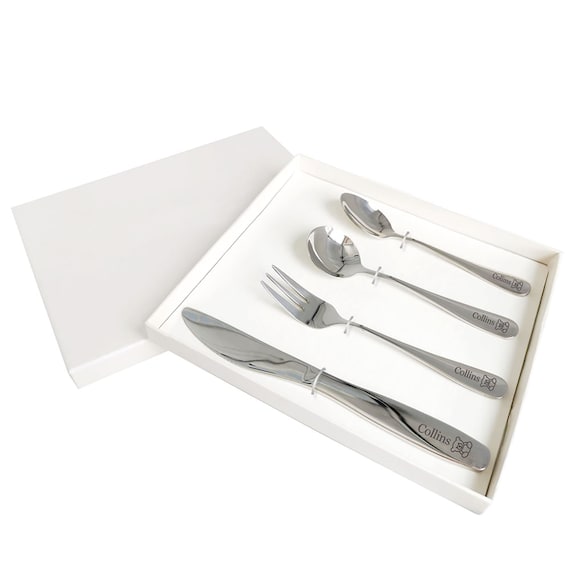 Personalised Kids Cutlery Set Stainless Steel Flatware 4pcs Set Tableware Toddler Utensils in Presentation Box with Symbol and Child&#39;s Name