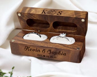Personalised Wedding Ring Box for 2 Rings for Ceremony, Wooden Double Ring Box, Engraved Ring Storage Box with Names & Date