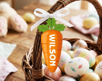 Personalised Wooden Easter Carrot Tag for Baskets, Engraved Bunny Decoration