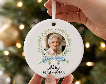 Personalised Memorial Christmas Bauble, White Ceramic Christmas Tree Decorations with Photo, Xmas Tree Decorations In Loving Memory Xmas