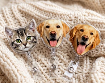 Personalised Pet Photo Badge Reel, Acrylic Retractable ID Badge Holder with Dog Cat Picture, Rotating Alligator Clip, Gifts