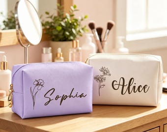 Personalised Makeup Bag, Waterproof Leather Cosmetic Bags with Name & Birthflower, Travel Toiletry Bag Gifts