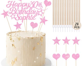 Personalised Birthday Cake Toppers with 24 Candles, Double-Sided Glitter Cake Decorations with Any Age Name, Birthday Party Supplies