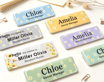 Personalised Name Badges, Name Badges with Pin or Magnet, 1 x 3in Floral Name Tag, Choice of 10 Colours, Name Badge for Doctor, Student
